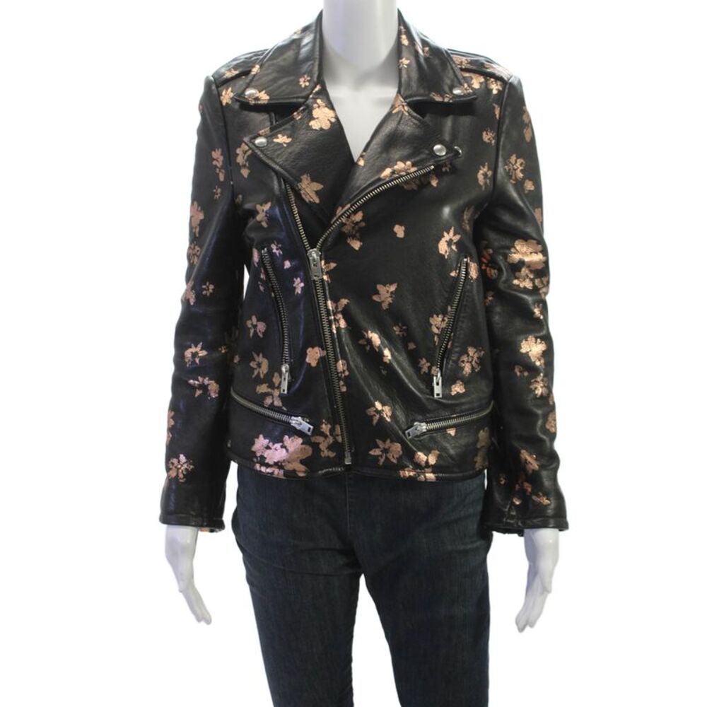 IRO Jeans Womens Biker Lamb Leather Jacket Black Floral Zip Size 40